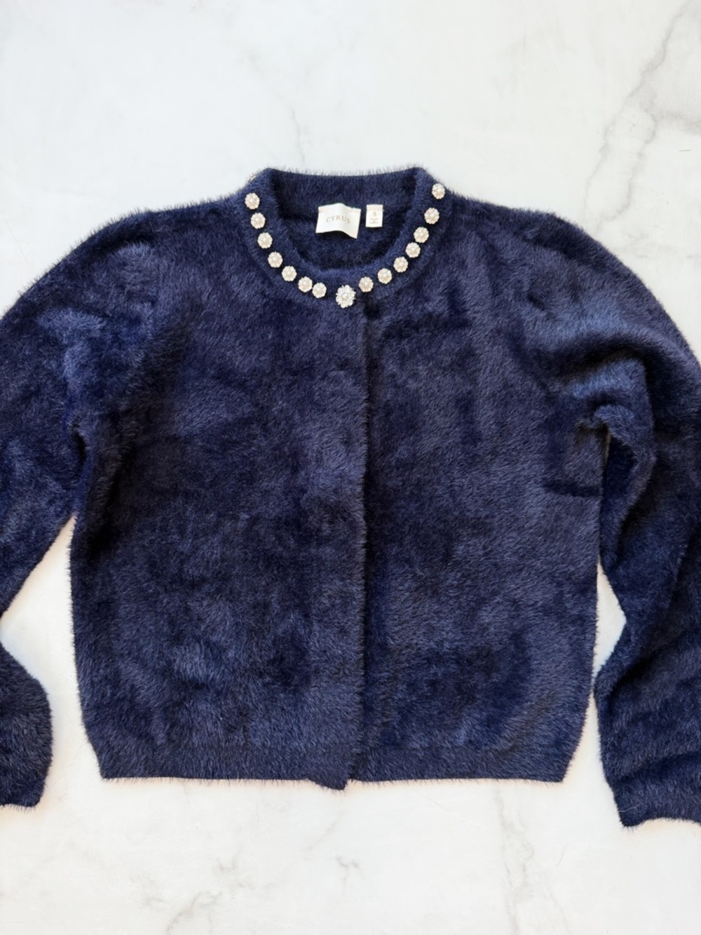 Cyrus Navy Blue Embellished Fuzzy Cardigan Sweater - Size Small